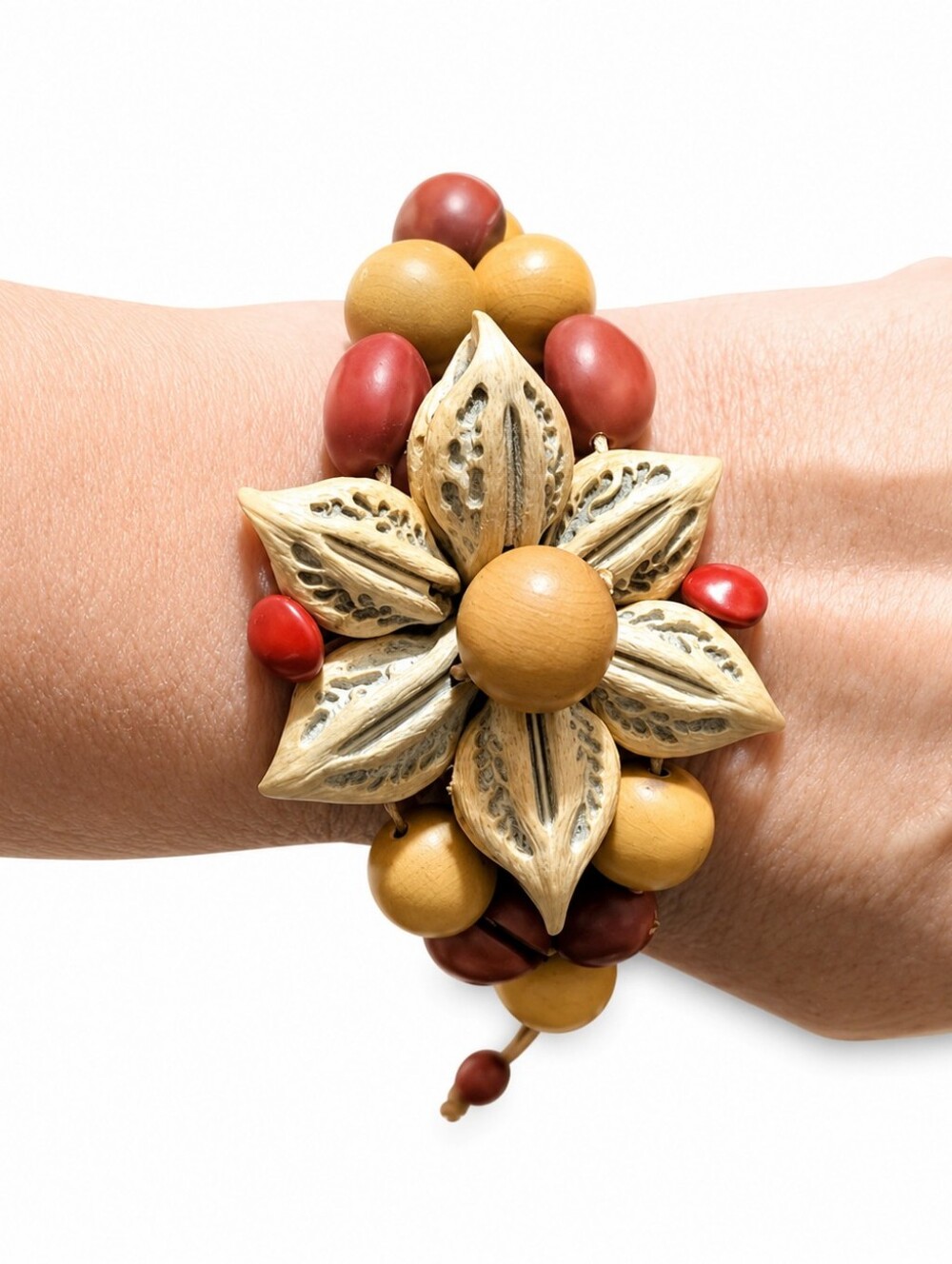 Handmade Boho Wooden Bead Bracelet Floral Carved Seed Adjustable Unisex Tribal